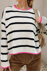 White Stripe Color Contrast Drop Shoulder Crew Neck Sweater Sweaters JT's Designer Fashion