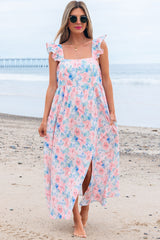Pink Floral Print Square Neck Backless Long Dress with Slit Maxi Dresses JT's Designer Fashion