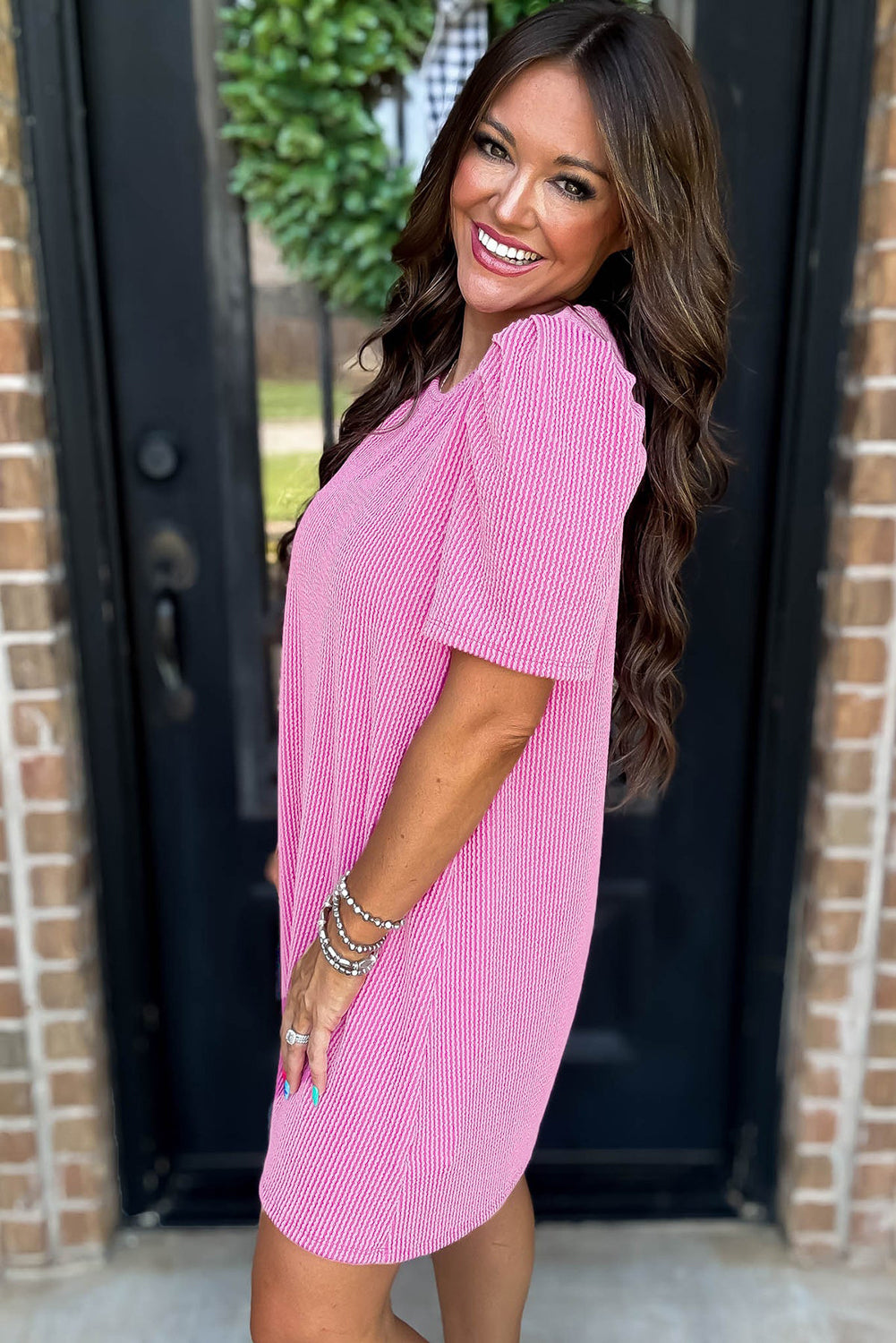 Bright Pink Corded Knit Crew Neck Puff Sleeve Shift Mini Dress T Shirt Dresses JT's Designer Fashion