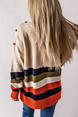 White Buttoned Shoulder Drop Shoulder Striped Sweater Sweaters & Cardigans JT's Designer Fashion