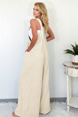 Beige Checkered Pocketed High Waist Wide Leg Overall Jumpsuits & Rompers JT's Designer Fashion