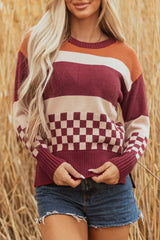 Brown Checkered Color Block Knitted Drop Shoulder Sweater Sweaters JT's Designer Fashion