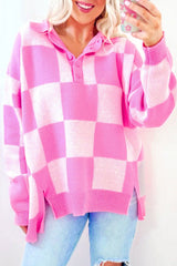 Pink Checkerboard Half Button Collared Drop Shoulder Sweater Pink 50%Viscose+28%Polyester+22%Polyamide Sweaters JT's Designer Fashion