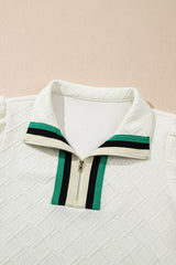 White Textured Jacquard Colorblock Edge Puff Sleeve Quarter Zip Mini Dress Dresses JT's Designer Fashion
