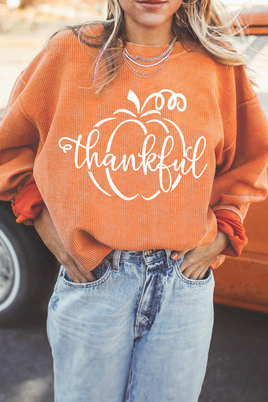 Orange Pumpkin thankful Graphic Corded Thanksgiving Sweatshirt Orange-3 100%Polyester Graphic Sweatshirts JT's Designer Fashion