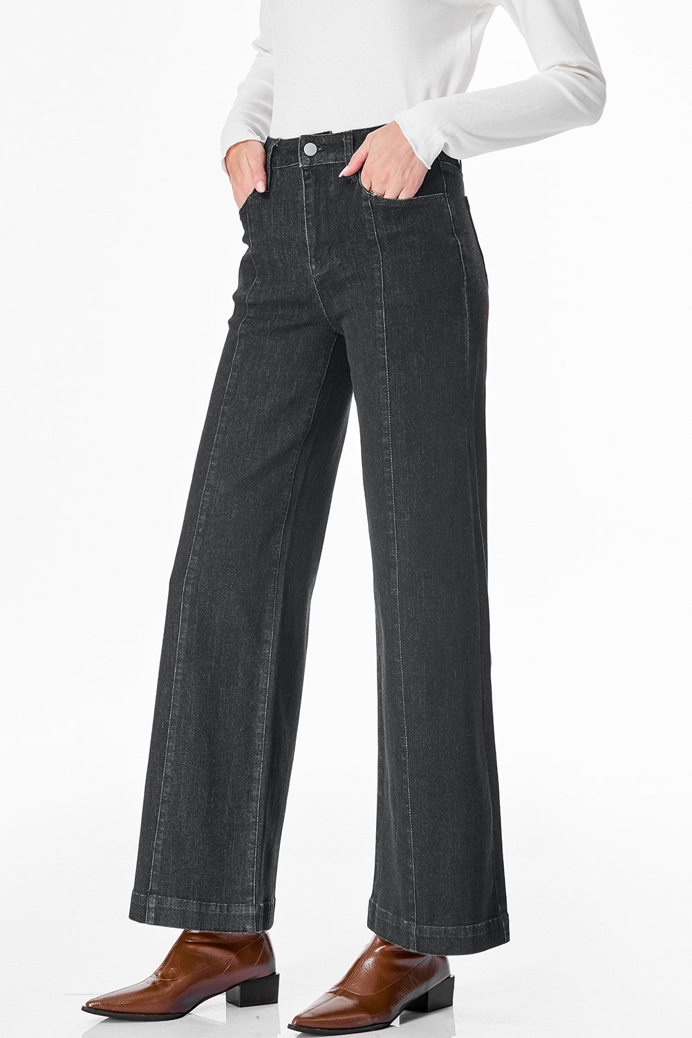 Black Plain Seam Detail Flared Bottom Ankle Length Jeans Jeans JT's Designer Fashion