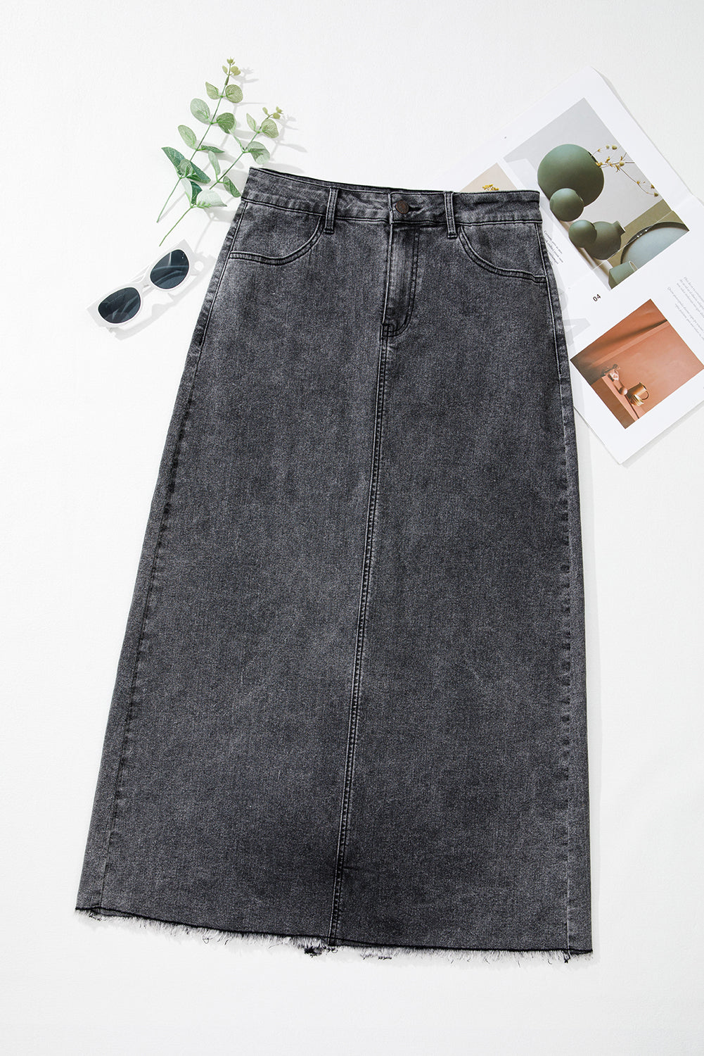 Dark Grey Denim Raw Hem Back Split High Waist Long Skirt Skirts & Petticoat JT's Designer Fashion