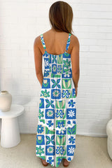 Multicolour Checkered Floral Print Ricrac Trim Casual Pocketed Sleeveless Long Dress Dresses JT's Designer Fashion
