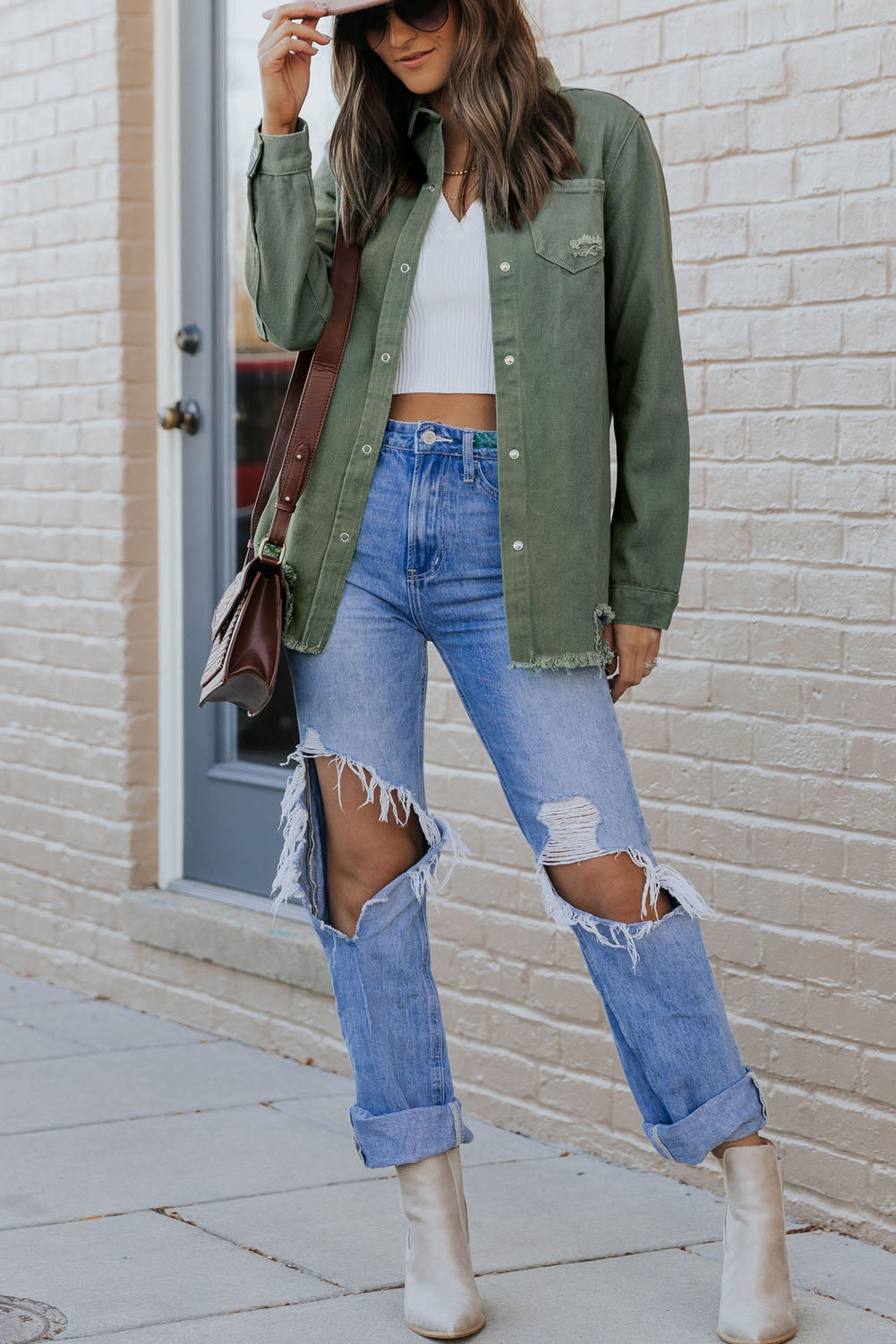 Green Ripped Denim Jacket Denim Jackets JT's Designer Fashion