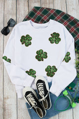 White Sequin Clover Patched Pattern St Patrick Pullover Sweatshirt Graphic Sweatshirts JT's Designer Fashion