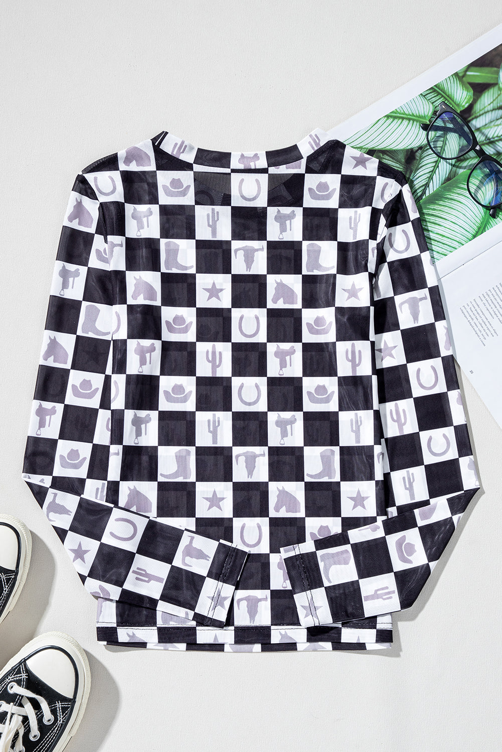 Black Checkerboard Western Elements Printed Mesh Long Sleeve Top Long Sleeve Tops JT's Designer Fashion