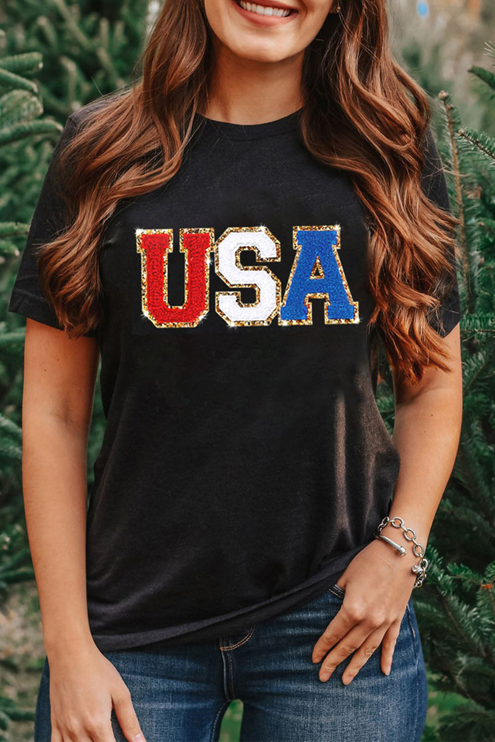 Black Glitter Trim Chenille USA Graphic T Shirt Graphic Tees JT's Designer Fashion