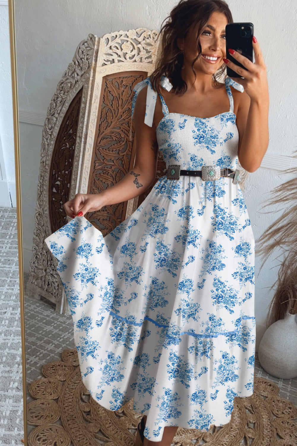 Sky Blue Floral Print Shirred Knot Shoulder Sleeveless Long Dress Floral Dresses JT's Designer Fashion