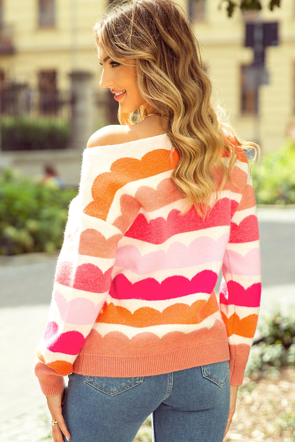 Rose Red Wave Striped Balloon Sleeve Drop Shoulder Sweater Sweaters JT's Designer Fashion