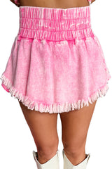 Pink Washed Wide Smocked Waistband Frayed Denim Shorts Denim Shorts JT's Designer Fashion