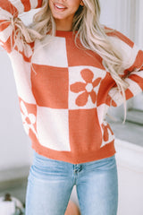 Brown Checkered Floral Print Striped Sleeve Sweater Sweaters JT's Designer Fashion