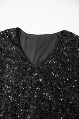 Color black Plus Size Bubble Sleeve V Neck Sequin Dress Plus Size Mini Dresses JT's Designer Fashion