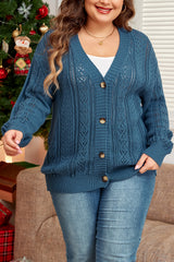 Real Teal Open Knit V Neck Button Front Drop Shoulder Plus Size Cardigan Plus Size Sweaters & Cardigans JT's Designer Fashion