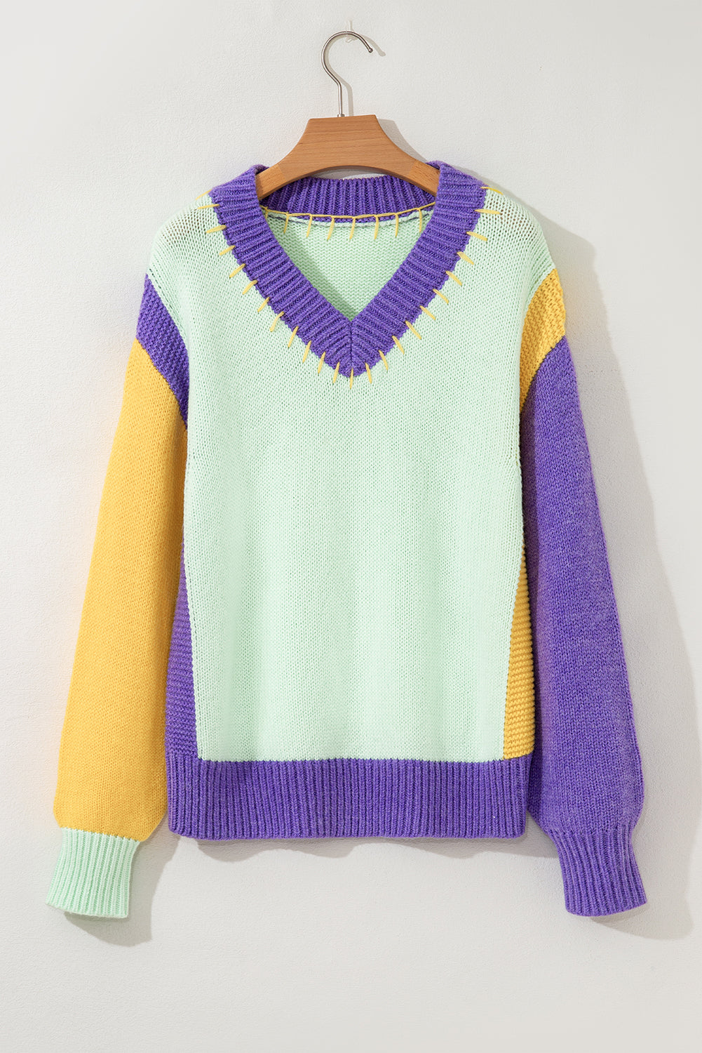 Green Stitched V Neck Color Block Knitted Drop Shoulder Sweater Sweaters JT's Designer Fashion