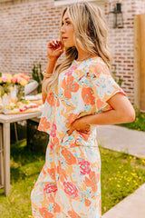 Orange Vibrant Floral Printed Short Sleeve Top 2 Piece Pants Set Pant Sets JT's Designer Fashion