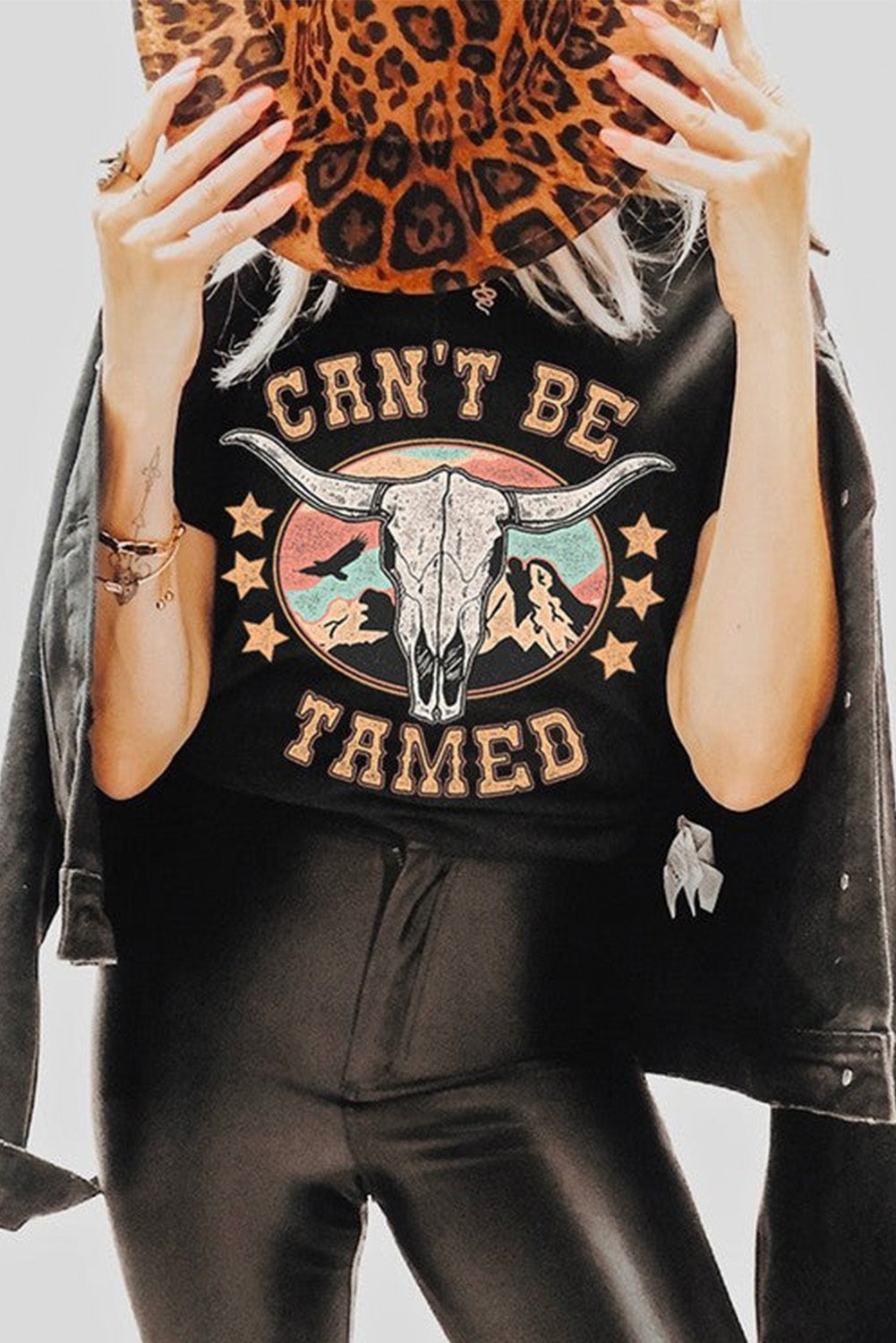 Black Western CAN'T BE TAMED Longhorn Graphic T Shirt Graphic Tees JT's Designer Fashion