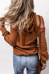 Cinnamon Exposed Seam Cold Shoulder Drawstring Hoodie Sweatshirts & Hoodies JT's Designer Fashion