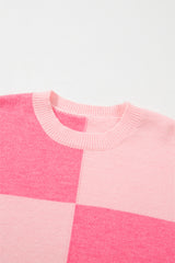 Pink Checkered Colorblock Striped High Low Loose Sweater Sweaters JT's Designer Fashion