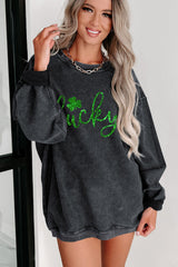 Black Shiny Lucky Clover Corded Drop Shoulder Sweatshirt Graphic Sweatshirts JT's Designer Fashion
