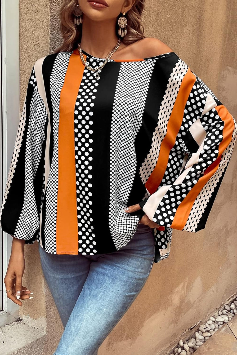 Orange Polka Dot Vertical Striped Printed Puff Sleeve Blouse Blouses & Shirts JT's Designer Fashion