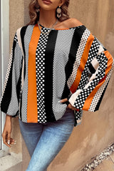 Orange Polka Dot Vertical Striped Printed Puff Sleeve Blouse Blouses & Shirts JT's Designer Fashion