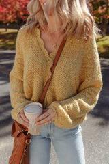 Light French Beige Lantern Sleeve Scallop V Neck Buttoned Front Cardigan Cardigans JT's Designer Fashion