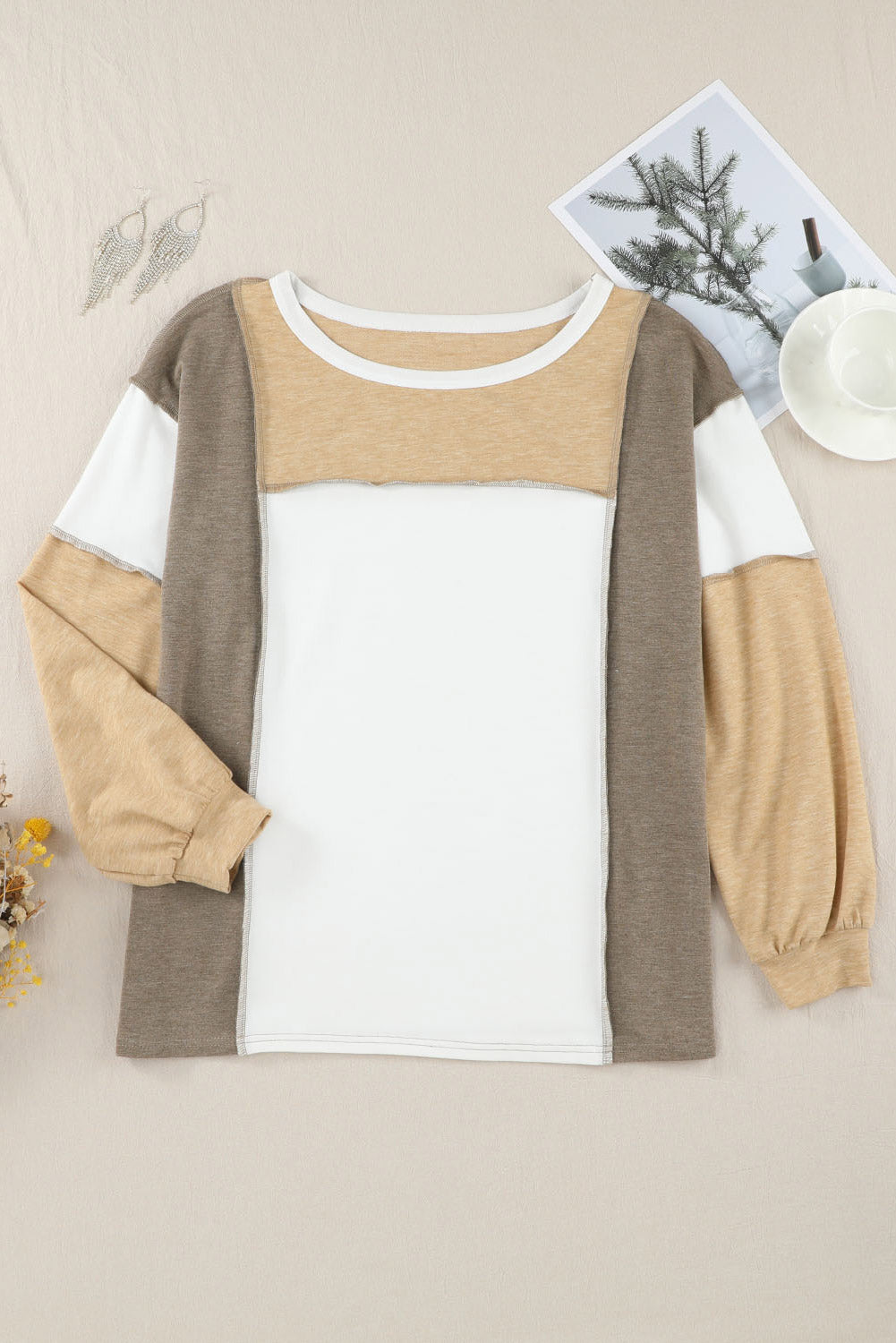 Khaki Exposed Seam Color Block Patchwork Top Long Sleeve Tops JT's Designer Fashion
