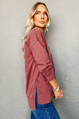 Racing Red Side Slits V Neck Loose Fit Tunic Top Long Sleeve Tops JT's Designer Fashion