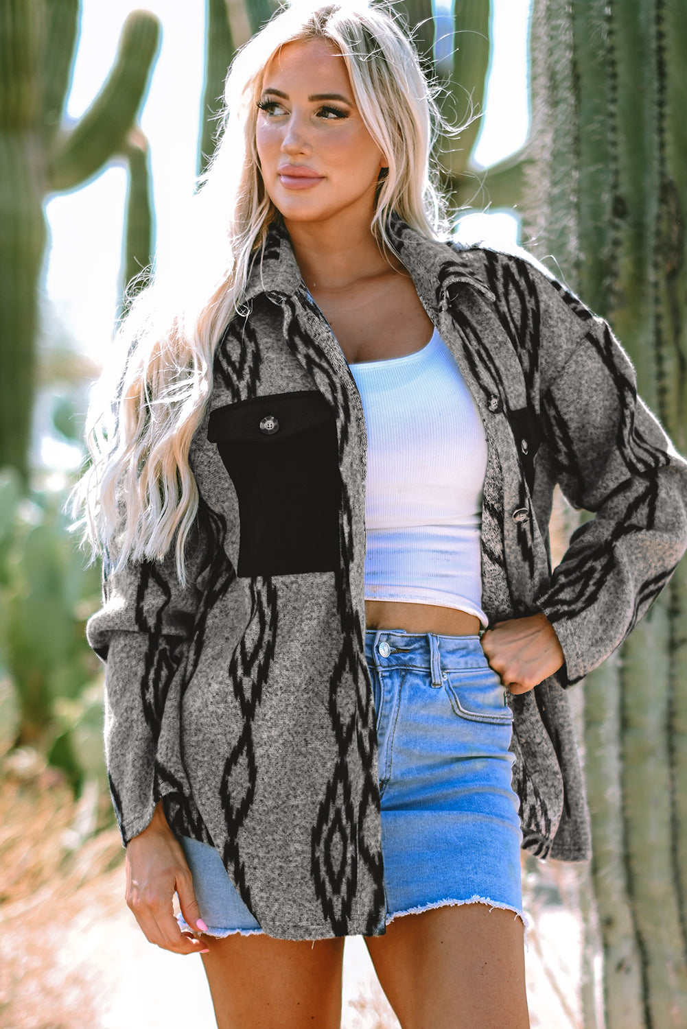 Gray Aztec Contrast Chest Pockets Loose Shacket Jackets JT's Designer Fashion