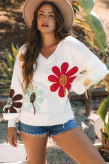 White Big Flower Pattern V Neck Drop Shoulder Sweater Sweaters JT's Designer Fashion