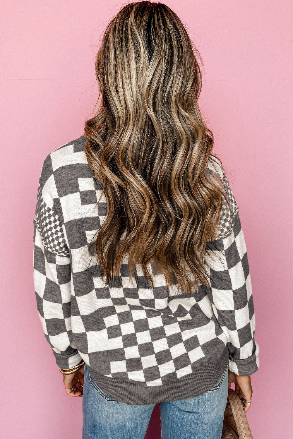 Gray Checkered Print Drop Shoulder Round Neck Sweater Sweaters JT's Designer Fashion