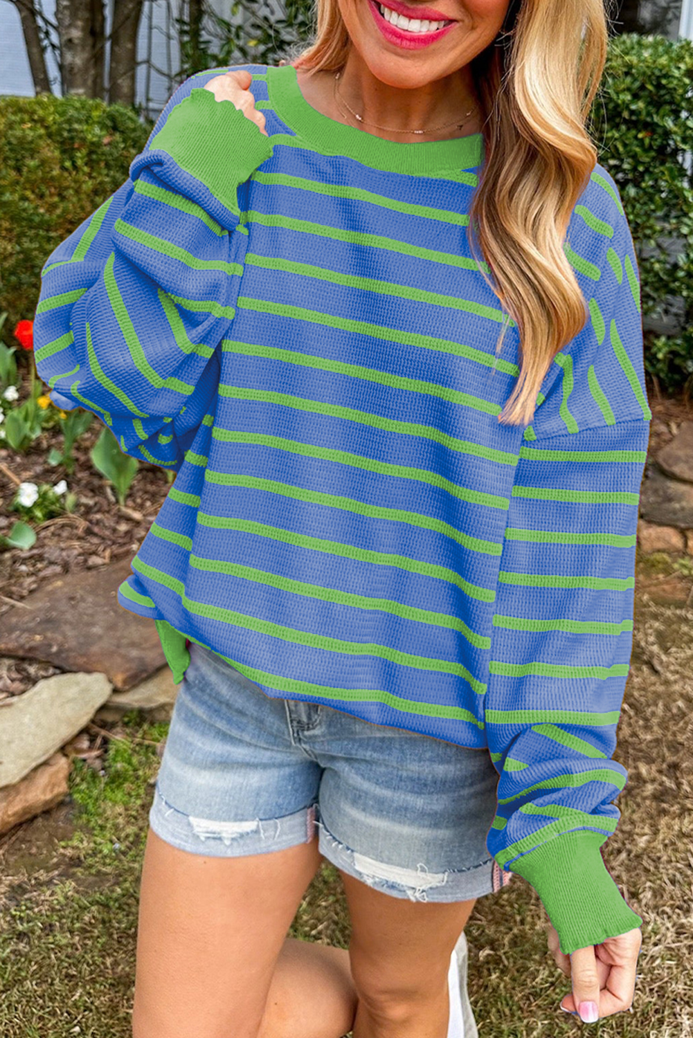 Sky Blue Stripe Trimmed Round Neck Drop Shoulder Loose Sweater Sky Blue Stripe 50%Viscose+28%Polyester+22%Polyamide Sweaters JT's Designer Fashion