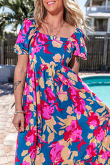 Dark Blue Square Neck Bubble Sleeve Ruffled Floral Dress Floral Dresses JT's Designer Fashion