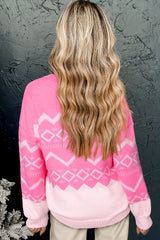Pink Western Aztec Geometric Drop Shoulder Sweater Sweaters JT's Designer Fashion