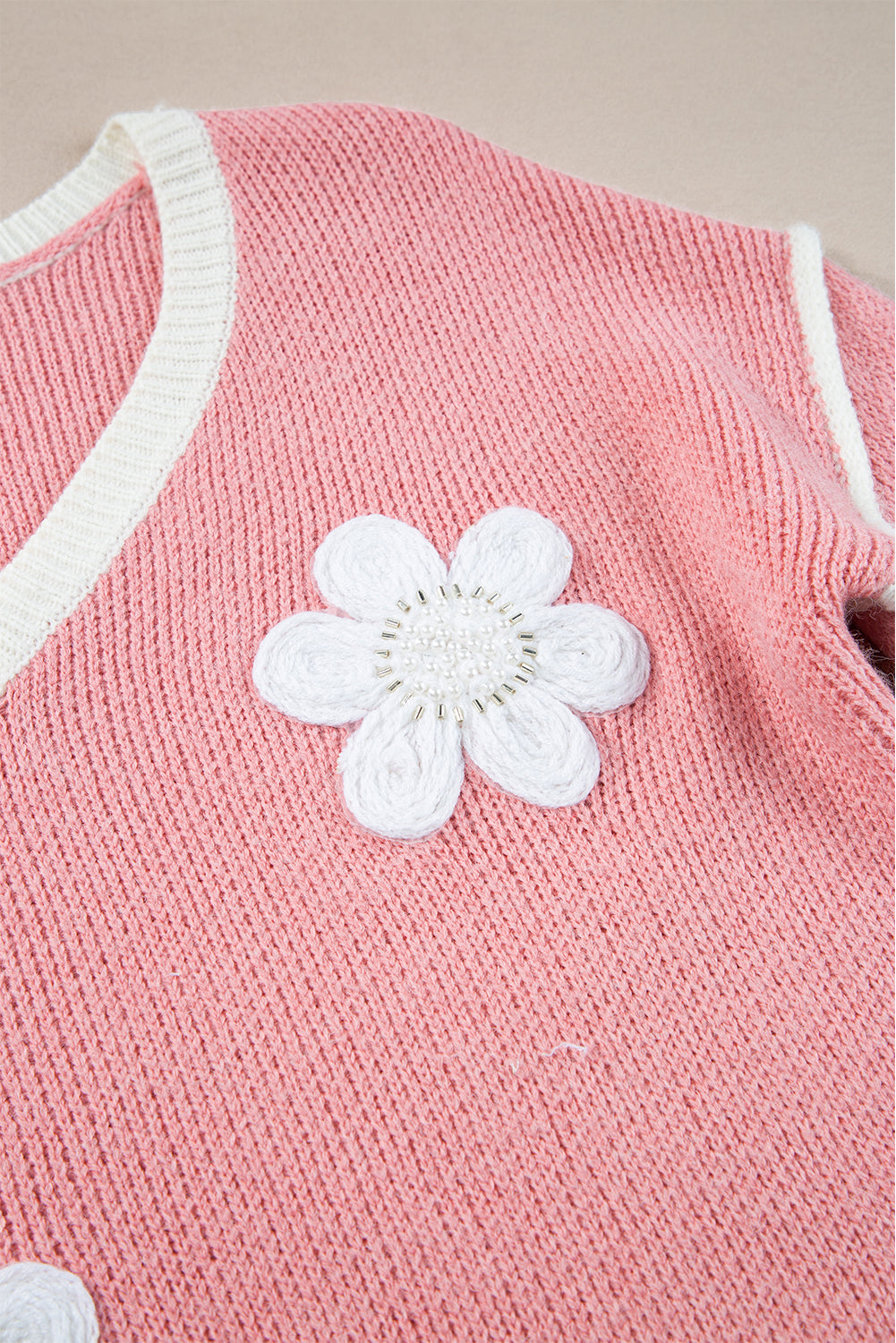 Pink Flower V Neck Dropped Shoulder Sweater Sweaters JT's Designer Fashion