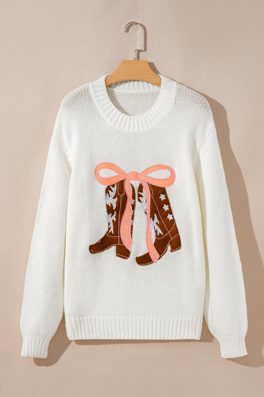 White Embroidered Bow Boots Graphic Drop Shoulder Sweater Sweaters JT's Designer Fashion