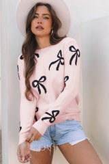 Light Pink Bow Pattern Knitted Loose Fit Sweater Sweaters JT's Designer Fashion