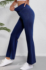 Dusk Blue Solid Crossed Waist High Elastic Fit Flare Knit Jeans Jeans JT's Designer Fashion