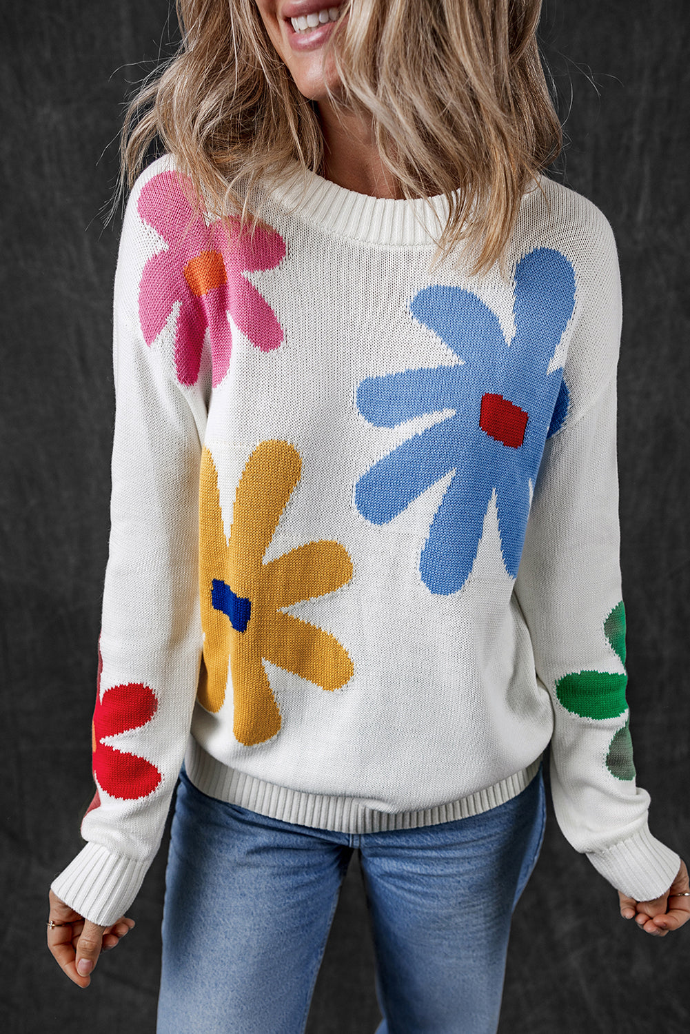 White Colorful Big Flower Pattern Crewneck Sweater White 55%Acrylic+45%Cotton Sweaters JT's Designer Fashion