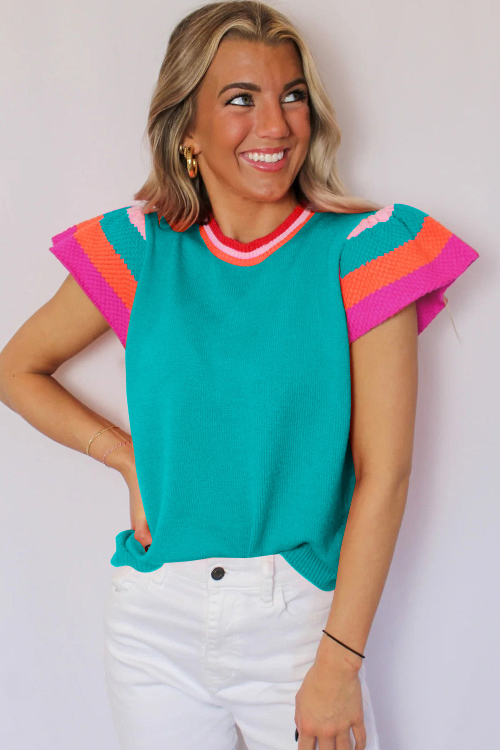 Turquoise Knitted Contrast Sleeve Round Neck Tee Sweaters & Cardigans JT's Designer Fashion