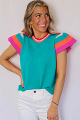 Turquoise Knitted Contrast Sleeve Round Neck Tee Sweaters & Cardigans JT's Designer Fashion