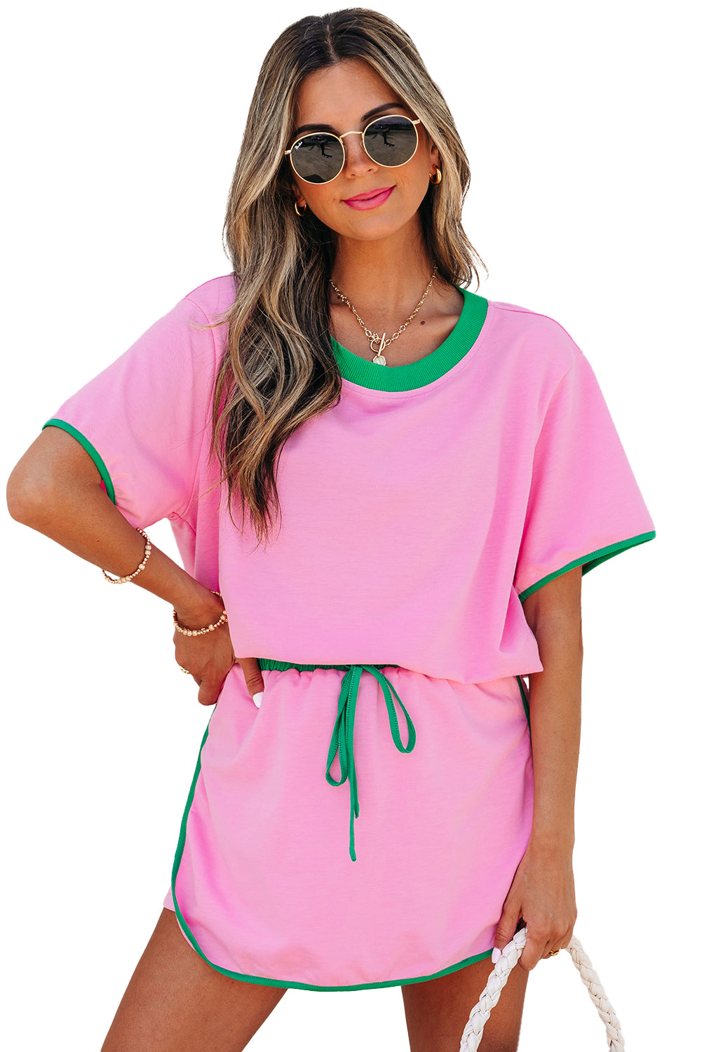 Bonbon Colorblock Edge Drop Shoulder T Shirt and Skort 2Pcs Set Short Sets JT's Designer Fashion