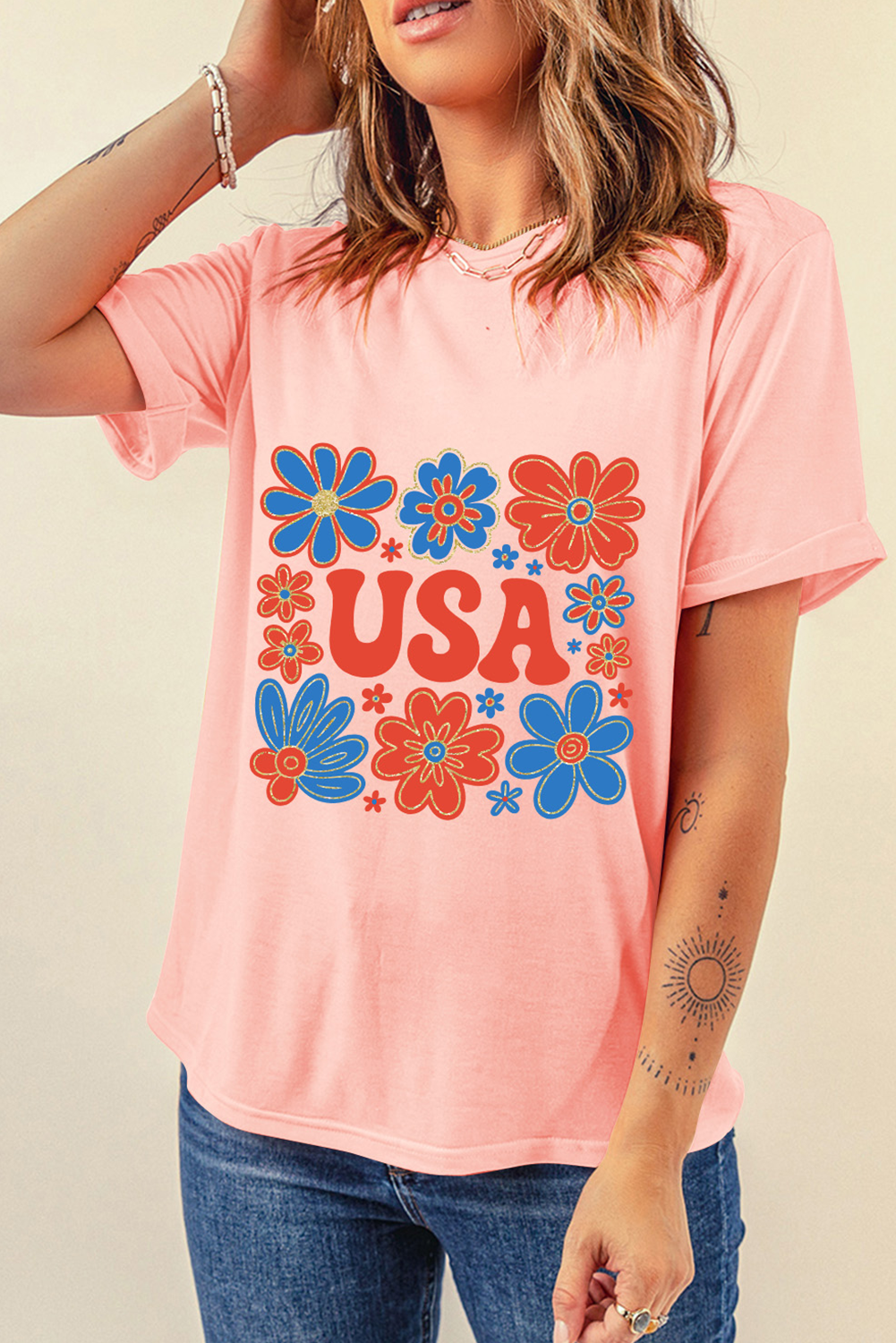 Pink Shimmer Flower USA Letter Printed Casual T Shirt Graphic Tees JT's Designer Fashion
