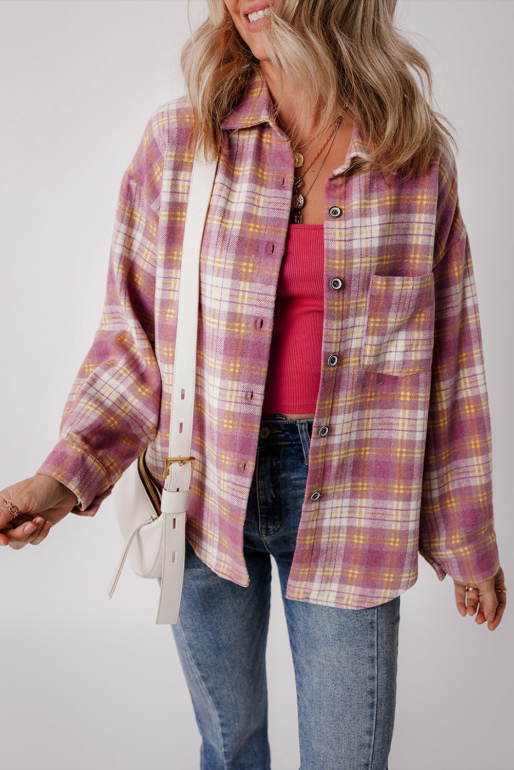 Pink Plaid Print Chest Pocket Long Sleeve Shacket Plaid Shackets JT's Designer Fashion