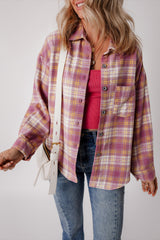 Pink Plaid Print Chest Pocket Long Sleeve Shacket Plaid Shackets JT's Designer Fashion